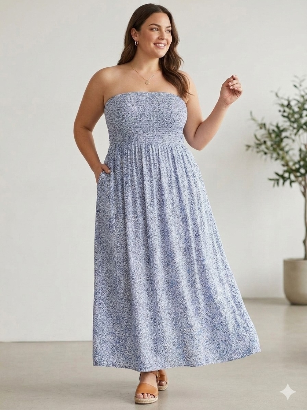 Club Monaco Strapless Smocked Maxi Dress in Light Blue Floral